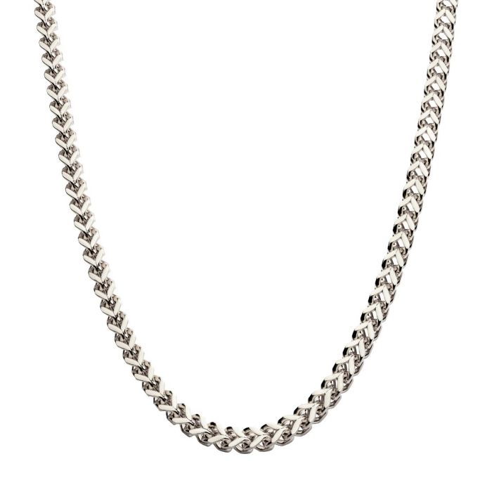 The 6mm Steel Franco Chain by INOX is a polished men's necklace that features a stainless steel chain with a flat, woven pattern. Its reflective surface and elegant design make it suitable for both casual and formal wear. The product is photographed on a plain white background.