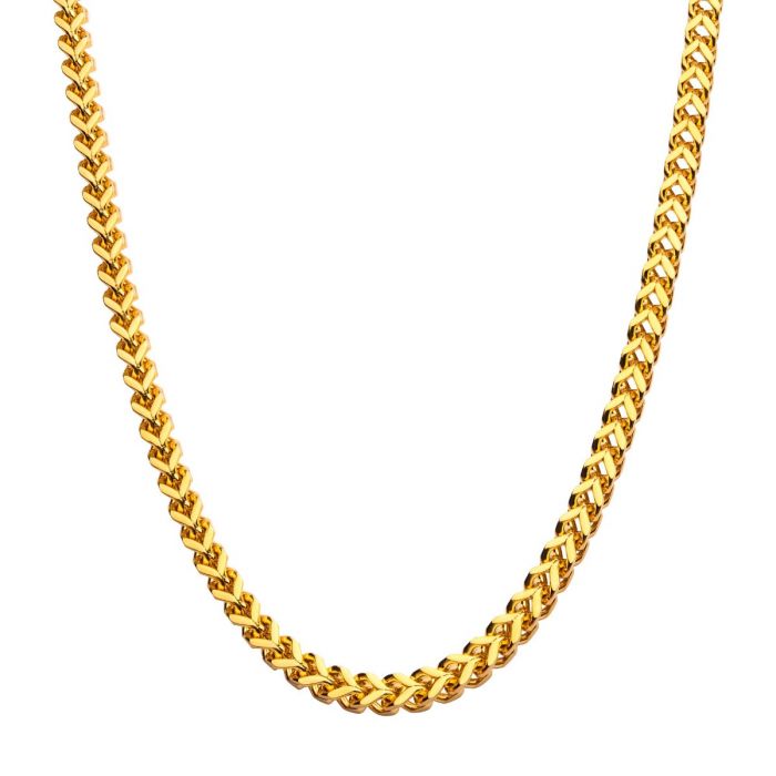 The 4mm 18K Gold Plated Franco Chain by INOX, measuring 24 inches, features interlocking links that create a sleek and elegant design. Positioned against a plain white background, the polished and shiny finish of this stainless steel necklace highlights its intricate craftsmanship and luxurious appearance.