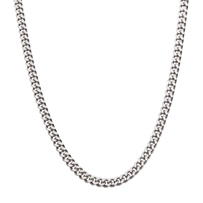 An image of the INOX 4mm Steel Diamond Cut Curb Chain Necklace | 20", showcasing an elegant and simple style. The necklace features a classic Cuban link design with a uniform, interconnected pattern, creating a sleek and polished appearance suitable for various occasions. The background is white.
