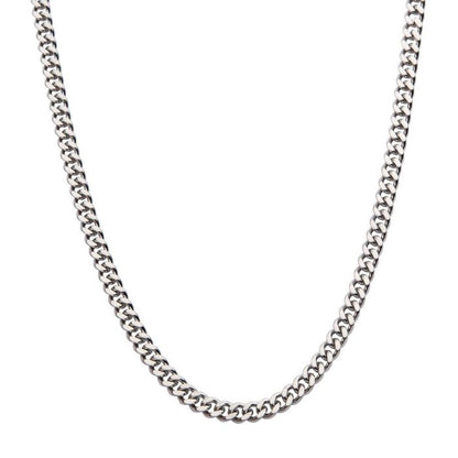 A close-up image of the 4mm Steel Diamond Cut Curb Chain Necklace | 22" by INOX showcases its interlocked and flattened links in a continuous, polished, and elegant chain design against a plain white background.
