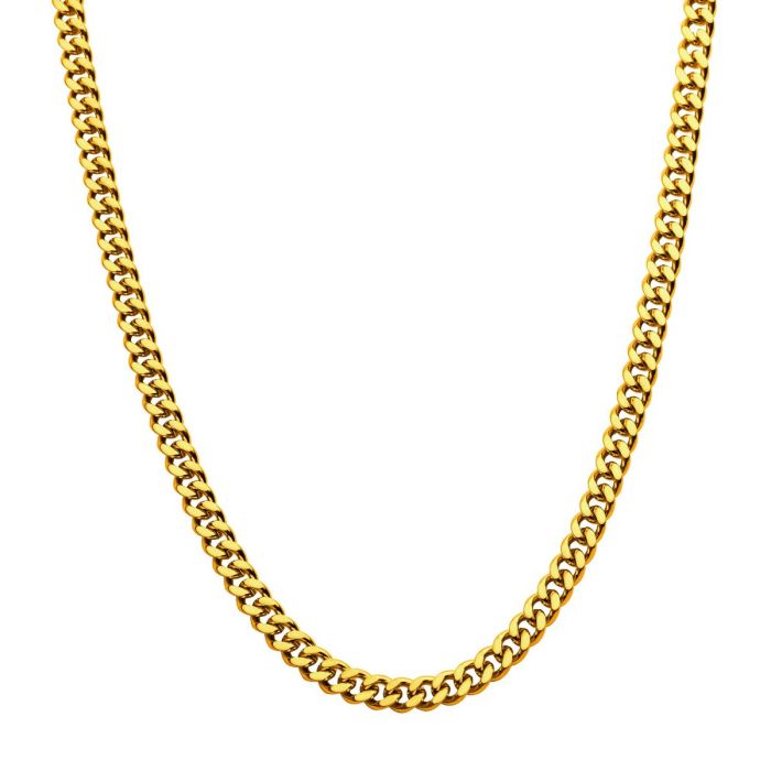 A close-up image of the INOX 4mm 18K Gold Plated Diamond Cut Curb Chain Necklace, showcasing its sleek design with uniform, interconnected links. The 22" men's stainless steel chain forms a U-shape against a plain white background.