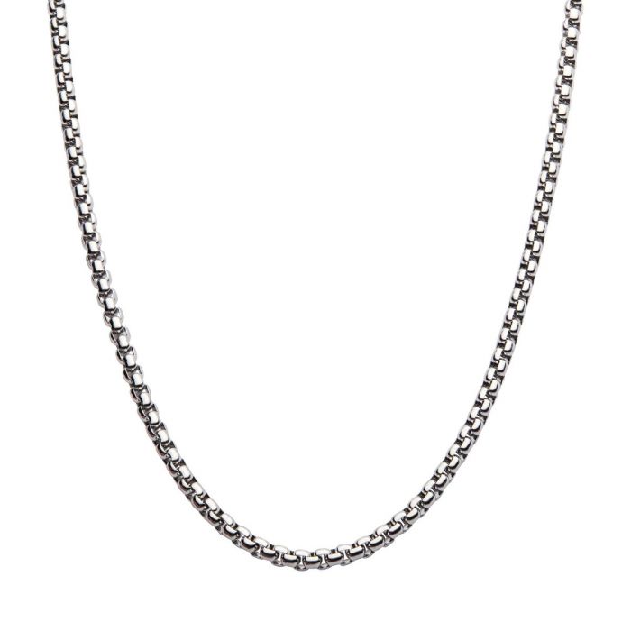 A close-up image of the INOX 4mm Steel Bold Box Chain Necklace showcases its uniform and tightly connected 24" links, forming a smooth, continuous loop in a simple, elegant design. The plain white background emphasizes the necklace's clean and polished appearance.