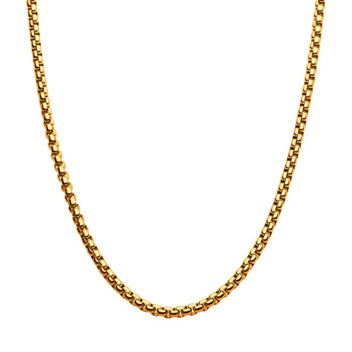 A close-up image of the 4mm 18K Gold Plated Bold Box Chain Necklace by INOX, showcasing its sleek and simple design. The 22" chain features uniform, interlocking links that create a seamless loop. Set against a plain white background, the shiny gold texture of the necklace is prominently highlighted.