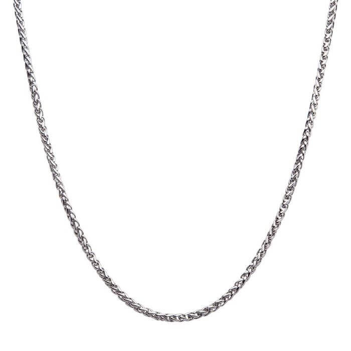 A close-up image of a thin, silver-colored men's 4mm Steel Wheat Chain Necklace by INOX, measuring 20 inches, forms a curve as it hangs loosely against a plain white background.
