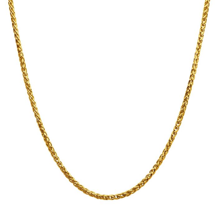 The 4mm 18K Gold Plated Wheat Chain Necklace from INOX, measuring 22 inches, features a twisted rope design and is displayed on a white background. This elegant piece boasts a shiny, polished finish that enhances its understated style, adding a touch of sophistication to any look.