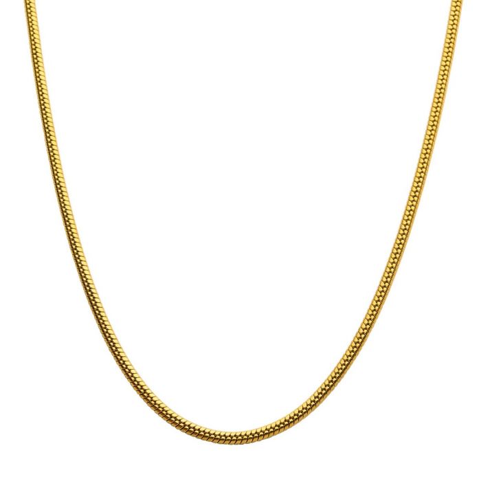 An image of the 3mm 18K Gold Plated Rattail Chain by INOX, showcasing its smooth, woven design against a plain white background. The 20" chain forms a gentle loop shape at the center.