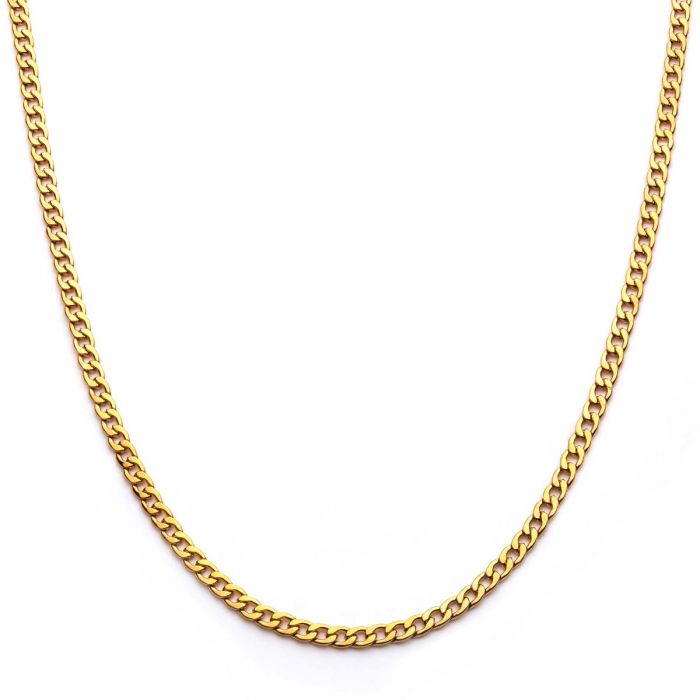 A close-up image of the 4mm, 20-inch INOX Classic Curb Chain against a white background. The 18K gold plated chain features a series of interlocking links forming a continuous loop, showcasing its shiny, polished appearance. The simple and elegant design highlights the men's stainless steel necklace's classic style.