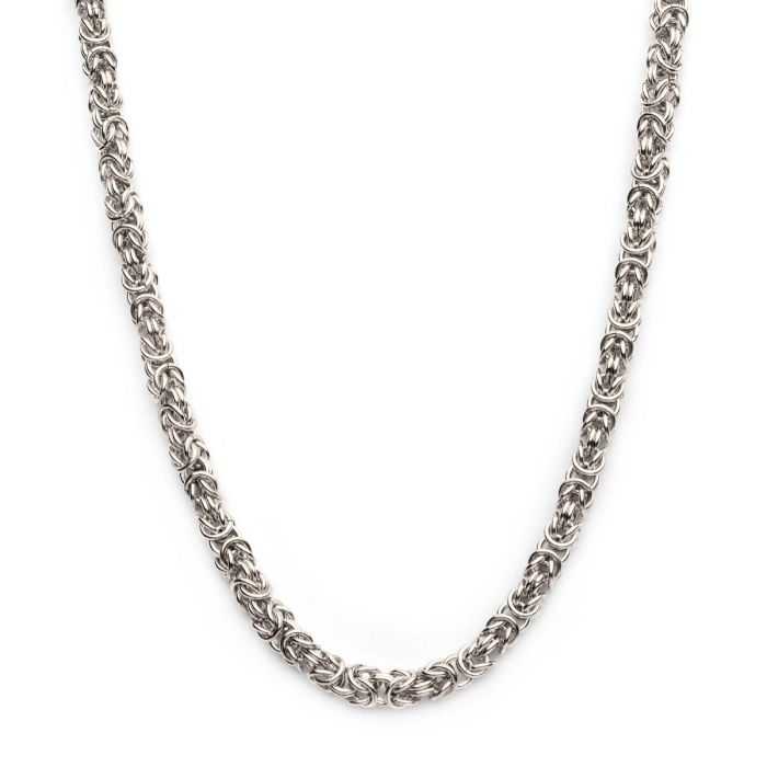 A close-up image of the 6mm Steel King Byzantine Chain by INOX showcases its intricate, woven design. The chain, measuring 20 inches, features tightly interlinked loops creating a textured, rope-like appearance. The white background highlights the detailed craftsmanship of this piece of men’s jewelry.
