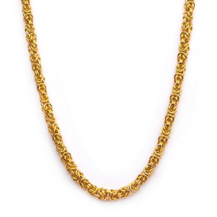 An INOX 6mm 18K Gold Plated King Byzantine Chain, measuring 24 inches, is displayed against a white background. The necklace features intricate, interlocking links with a rich yellow gold color that highlights the detailed craftsmanship and luxuriousness of the piece.