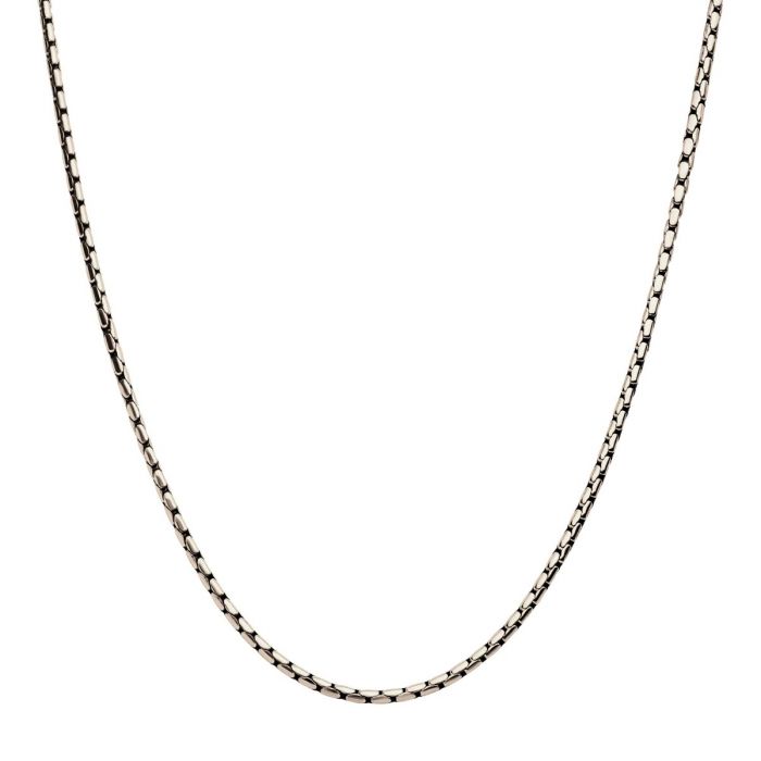 A sleek and refined 3mm stainless steel INOX necklace for men, featuring a subtle Boston link chain pattern, is artfully presented against a white backdrop. The 20" necklace gracefully forms a gentle U-shape, showcasing its simplicity and elegance.