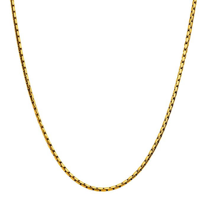 A simple, elegant 3mm, 24" 18K gold-plated Boston link chain necklace by INOX with a slight shine. The chain features small, closely linked rectangular links forming a classic patterned design that drapes gracefully in a U-shape. The plain white background emphasizes the necklace's metallic finish.