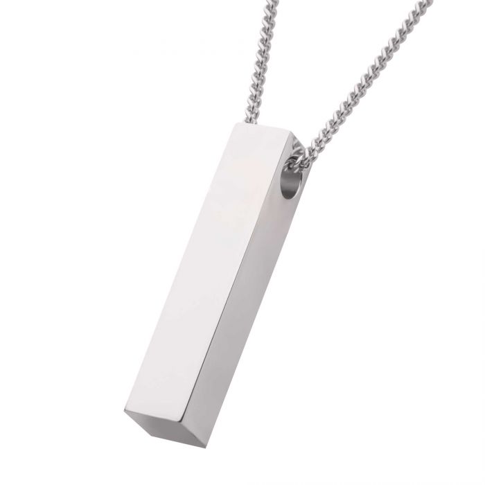 A close-up image of The Monolith Engravable Pendant with Chain by INOX, showcasing its silver rectangular bar design hanging from a silver chain. The minimalist piece features sharp, clean lines and a polished surface. Made from 925 sterling silver, this pendant appears to be floating against a plain white background.