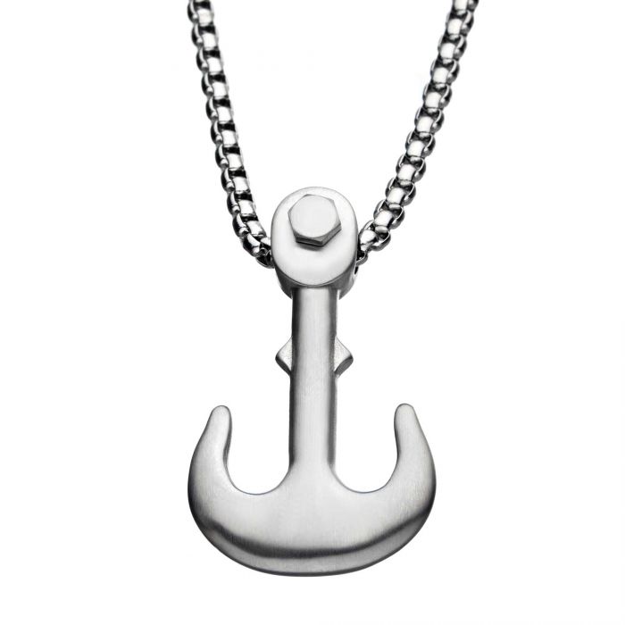 The Matte Steel Man of War Anchor Pendant with Steel Bold Box Chain by INOX features a prominent matte steel anchor pendant with a sleek, polished design. The anchor includes a bolt-like detail at the top where it connects to the thick, shiny 24-inch chain.