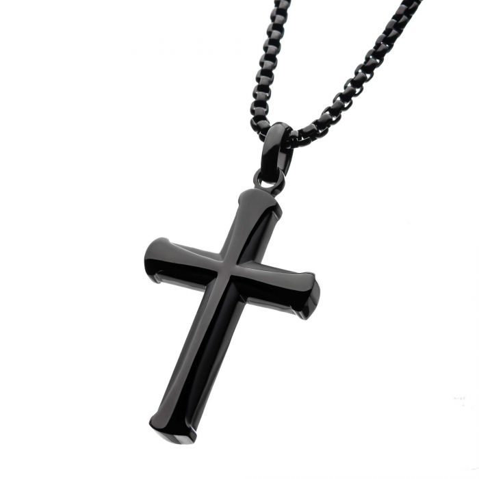 An elegant Apostle Cross pendant on a sleek Bold Box Chain from INOX. The shiny surface of the Stainless Steel Black Plated Apostle Cross Pendant with Chain catches the light, enhancing its refined design. The uniformly crafted chain links contribute to the overall polished appearance, making this piece truly stand out.