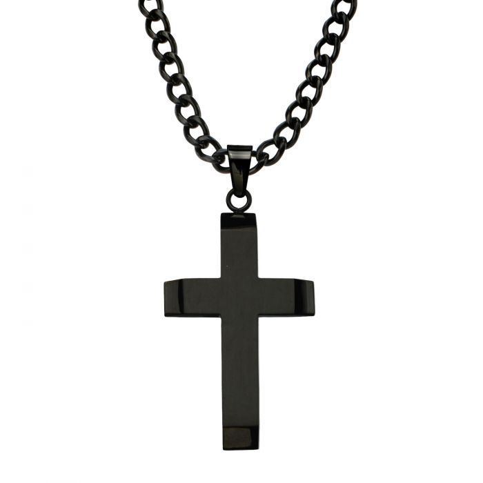 The Black Plated Cross Pendant by INOX, featuring a 24-inch chain link necklace, is displayed against a plain white background. Its simple yet bold design boasts a smooth, polished surface that reflects light, while the medium-thickness Inox stainless steel chain with uniform, closely linked loops completes the striking look.
