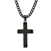 The Black Plated Cross Pendant by INOX, featuring a 24-inch chain link necklace, is displayed against a plain white background. Its simple yet bold design boasts a smooth, polished surface that reflects light, while the medium-thickness Inox stainless steel chain with uniform, closely linked loops completes the striking look.