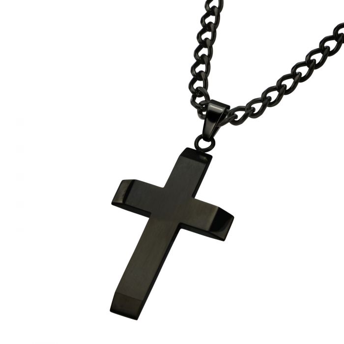 A close-up view of the INOX Black Plated Cross Pendant hanging from a sturdy 24-inch chain necklace against a white background. The sleek, modern design of the pendant features sharp, clean edges.