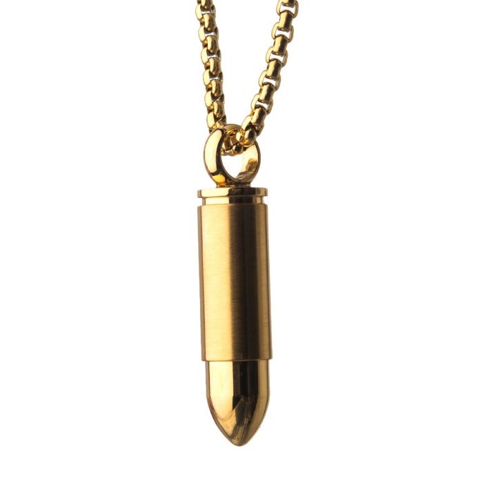 The INOX Stainless Steel Gold Plated Stash Bullet Pendant is a 22" wheat chain necklace featuring a cylindrical, pointed tip pendant that perfectly matches its interlocking medium-thickness links. This shiny and metallic piece is ideal for making a bold statement.
