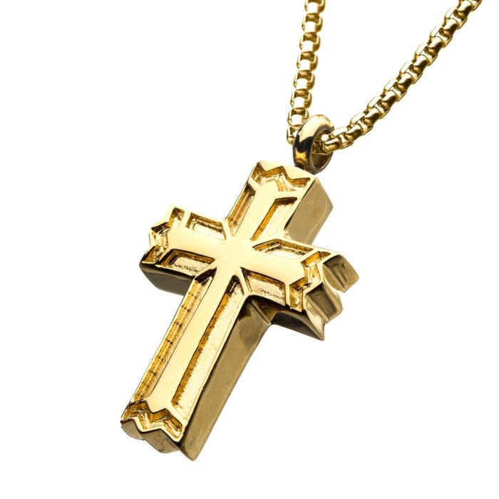 A close-up of a stylish Stainless Steel Gold Plated Stash Cross Pendant by INOX, featuring intricate detailing and attached to a matching 22" gold box chain. The cross pendant has beveled edges and a polished finish that highlights its elegant design. The rectangular chain links are tightly connected, making it an ideal choice for those seeking sophistication.
