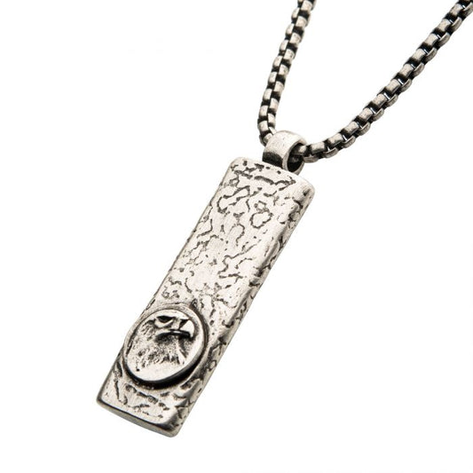 Stainless Steel Silver Plated Dog Tag Pendant with Eagle Head Inlay, with Steel Box Chain | INOX
