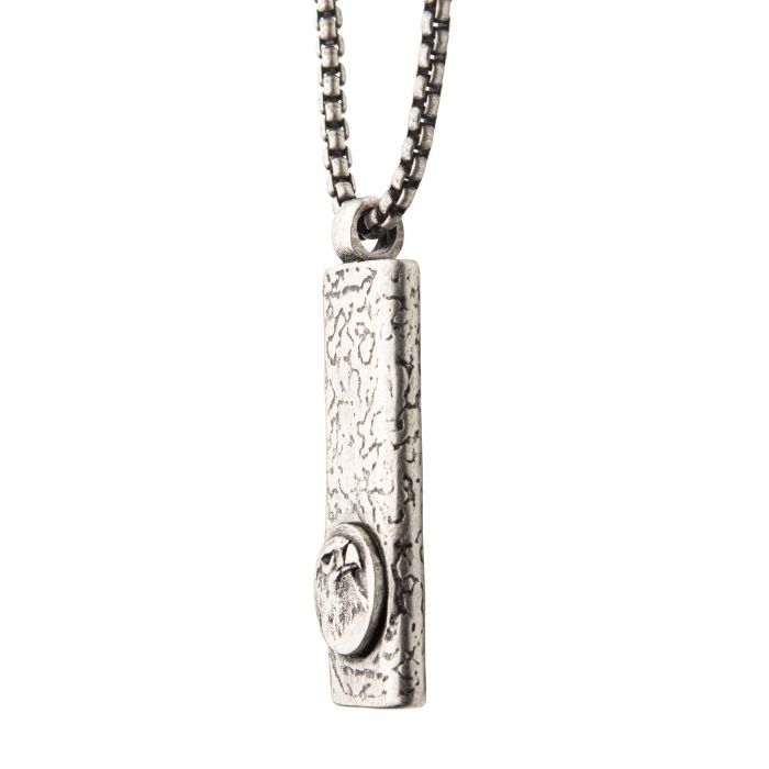 Stainless Steel Silver Plated Dog Tag Pendant with Eagle Head Inlay, with Steel Box Chain | INOX