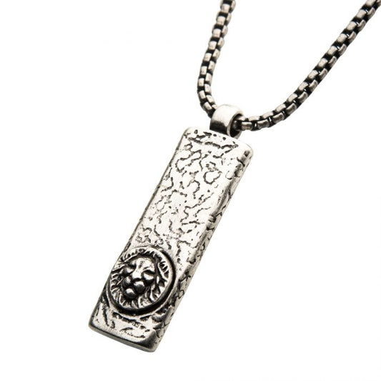 Stainless Steel Silver Plated Dog Tag Pendant with Lion Head Inlay, with Steel Box Chain | INOX