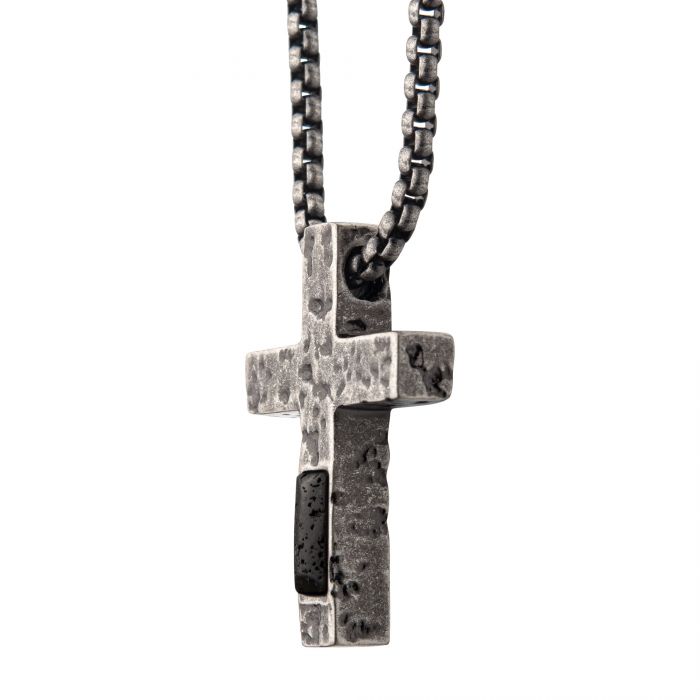 Stainless Steel Silver Plated Cross Pendant with Lava Stone Pendant, with Steel Box Chain | INOX