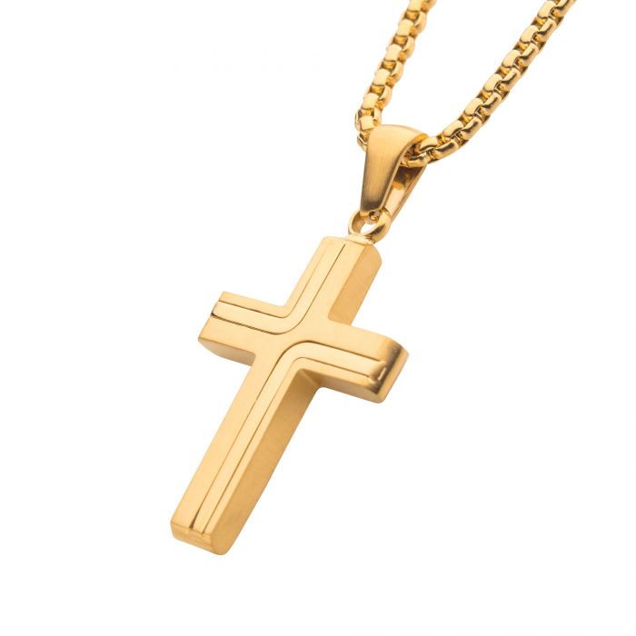 The Cross Pendant with a 2mm Round Box Chain from INOX measures 22 inches and features an elegant Men's Cross design in 18K Yellow Gold with beveled edges. The stylish gold chain showcases a refined box link pattern, while the polished surfaces of the modern pendant gleam beautifully against the plain white background, highlighting the exquisite craftsmanship.