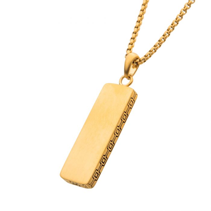 The INOX Men's 18K Gold Plated Engravable Drop Pendant on a 22" Box Chain features a stylish rectangular design with geometric patterns along the sides. The pendant has a smooth surface with a polished finish, and the chain showcases a delicate interlinked style. This men's pendant exudes an elegant and minimalist aesthetic.