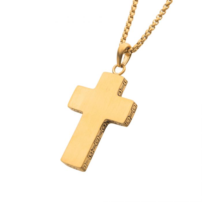 The Engravable Cross Necklace by INOX features an 18K Gold IP men's pendant with a smooth, polished surface and a subtle, patterned border along its edges. Crafted from stainless steel, the matching gold box link chain perfectly complements the pendant. The plain white background beautifully highlights the necklace.