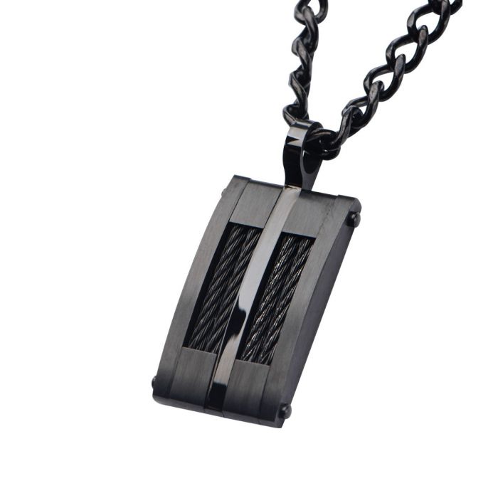 Stainless Steel Black Plated & Black Cable Inlayed Dog Tag Pendant | 24" | INOX