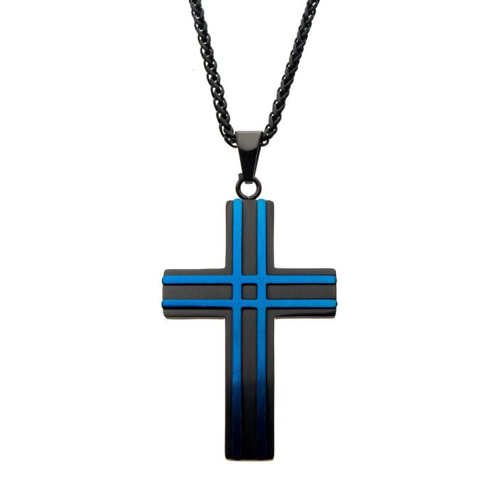 The INOX Matte Black & Blue Plated Layer Cross Pendant is a stylish men's accessory, featuring a stainless steel design with vertical and horizontal bar patterns. The 24-inch black wheat chain attaches directly to the top of this elegant pendant, adding a contemporary touch.
