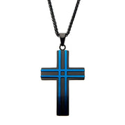 The INOX Matte Black & Blue Plated Layer Cross Pendant is a stylish men's accessory, featuring a stainless steel design with vertical and horizontal bar patterns. The 24-inch black wheat chain attaches directly to the top of this elegant pendant, adding a contemporary touch.