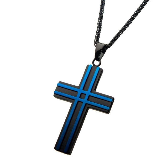 The INOX Matte Black & Blue Plated Layer Cross Pendant with Chain features a men's stainless steel necklace with a matte black and blue cross bearing inlay stripes. It hangs from a 24-inch black wheat chain and showcases parallel blue lines intersecting at the center.