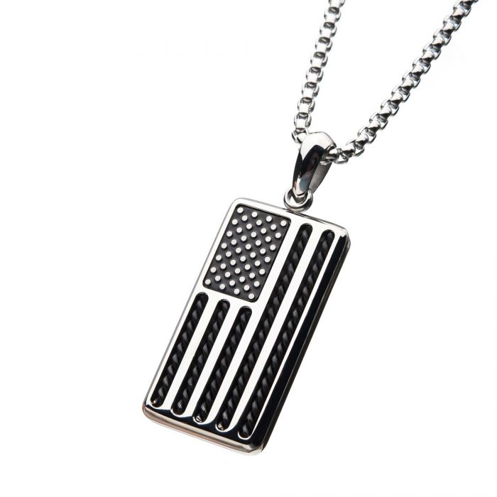The American Flag Stainless Steel Enamel Pendant by INOX features a sleek men's design with black stripes and a black field adorned with white dots, offering a contemporary minimalist look. It comes on a 24-inch bold box chain.