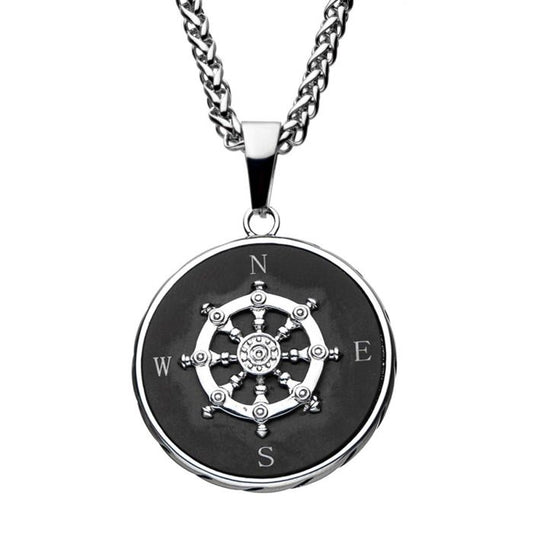 Stainless Steel Black Plated Ship's Wheel Compass Pendant with Chain | INOX