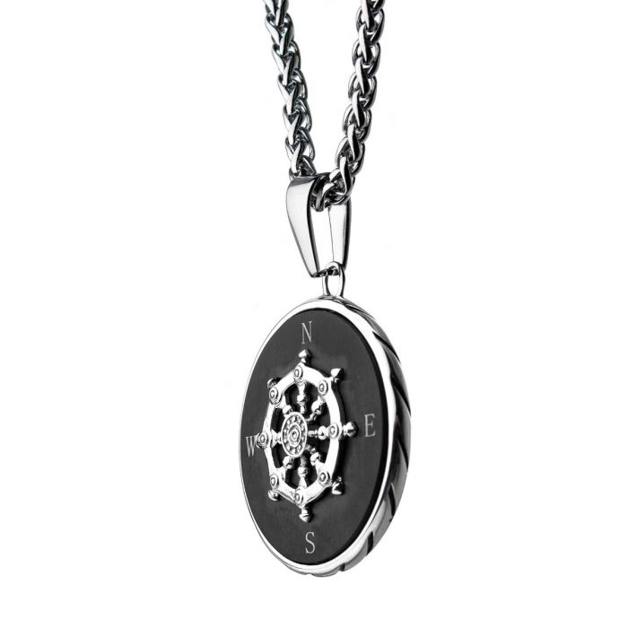 Stainless Steel Black Plated Ship's Wheel Compass Pendant with Chain | INOX