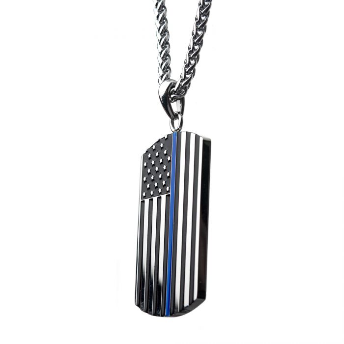 American Flag Police Officer Military Style Dog Tag Enamel Pendant with Chain | INOX