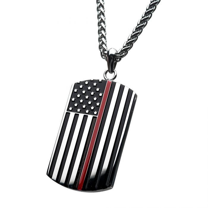 The INOX Stainless Steel with Thin Red Line American Flag Firefighter Military necklace features a firefighter dog tag pendant on a thick chain, showcasing an American flag with black, white, and one red stripe. The flag includes white stars in the upper left corner. This monochromatic design is highlighted by the single red stripe that symbolizes bravery and sacrifice.