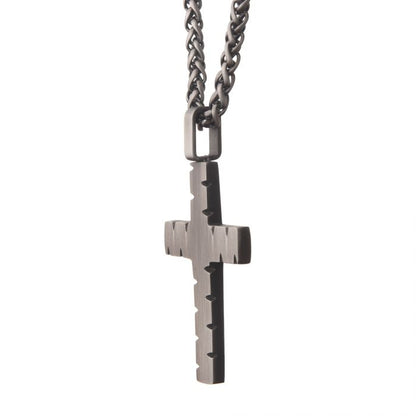 Stainless Steel & Gun Metal IP Chiseled Cross Pendant with Gun Metal IP Chain | INOX