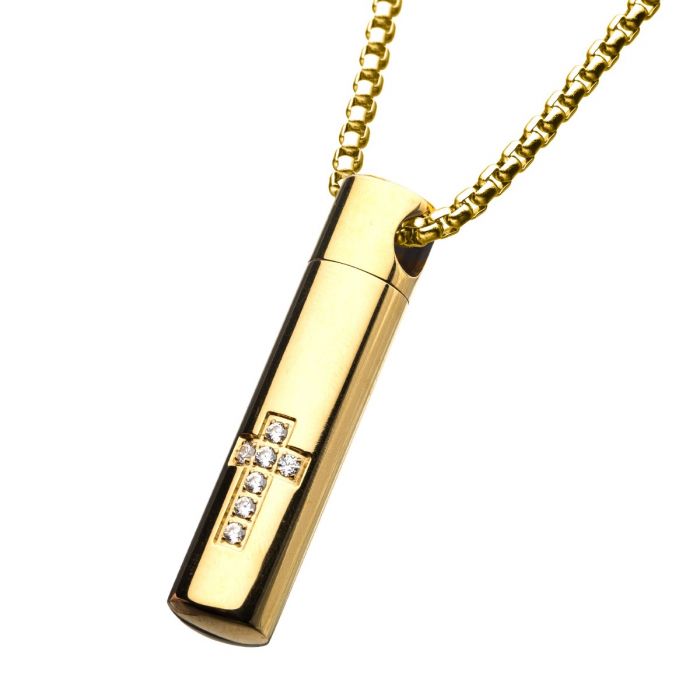 A Stainless Steel Gold Plated Stash with a Cross Clear CZ Pendant from INOX hangs from a matching 22" gold chain. The men's pendant has a sleek, polished finish, with the cross vertically centered on the front and encrusted with clear CZ rhinestones.