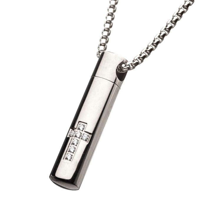 This Men's Stainless Steel Memorial piece from INOX features a cylinder-shaped pendant with a Cross design adorned with clear CZ gemstones arranged in a plus shape. The 22-inch sturdy box chain has a rectangular loop pattern, perfectly complementing the sleek elegance of the pendant.