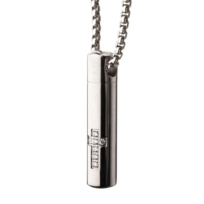 Stainless Steel Memorial Cross Pendant with Clear CZ & Steel Box Chain | INOX