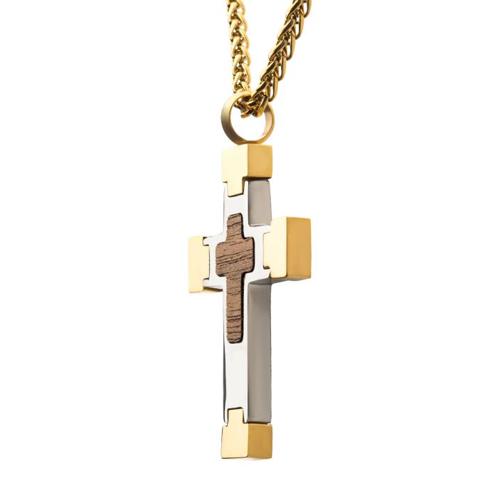 18K Gold Plated Cross Pendant with Walnut Wood Inlay, with 18K Gold Pl | 24" long 18K Gold Plated Wheat Chain