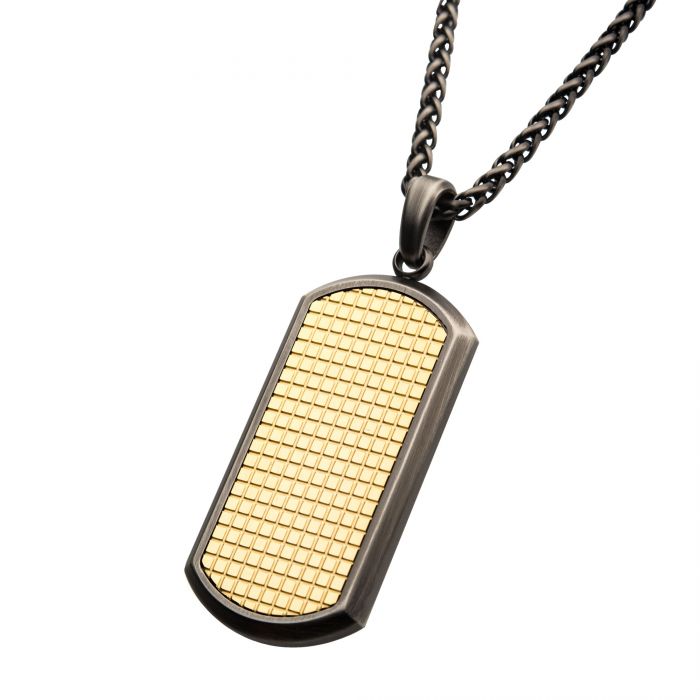 The INOX Gun Metal Plated Pendant with 18K Gold on Wheat Chain features a sophisticated 24-inch black chain. The pendant is designed with a gun metal plated border and a textured gold-colored rectangular surface at the center, striking the perfect balance between ruggedness and elegance.