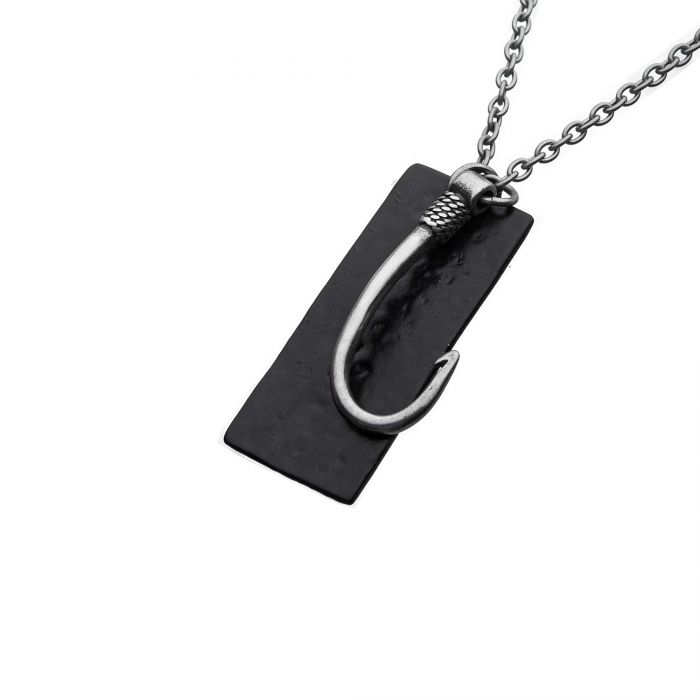 The INOX Stainless Steel Antiqued Finish Fish Hook and Black Plated Tag Pendant with chain showcases a striking rectangular black tag and a curved, textured fish hook pendant, suspended elegantly on a men's stainless steel chain. This blend of rugged elements and sleek design by INOX adds a unique flair to any outfit.