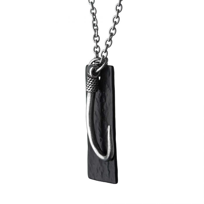 Stainless Steel Antiqued Finish Fish Hook and Black Plated Tag Pendant with chain | INOX