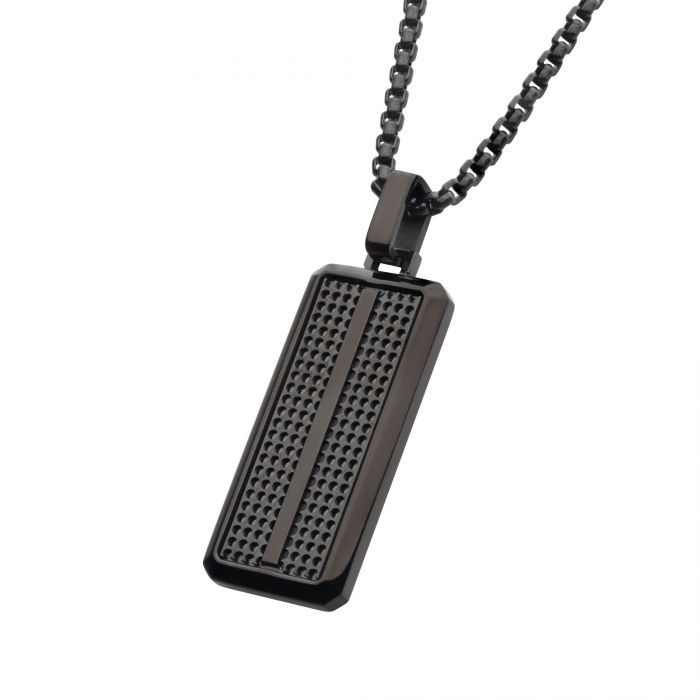 The INOX Black IP Streamline Dog Tag Pendant features a modern, sleek men's rectangular black pendant with a textured front design and a perforated pattern in the center. It hangs from a bold box chain necklace, and its 22-inch length adds to its contemporary appeal.
