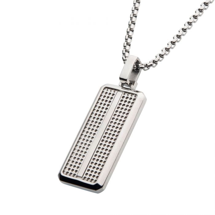 Introducing the INOX Steel Streamline Dog Tag Pendant with a Bold Box Chain. This men's stainless steel pendant boasts a sleek rectangular silver design, highlighted by a modern perforated pattern on the front and a distinctive central vertical strip that remains unperforated. The pendant hangs elegantly from a bold box chain, exuding contemporary sophistication.