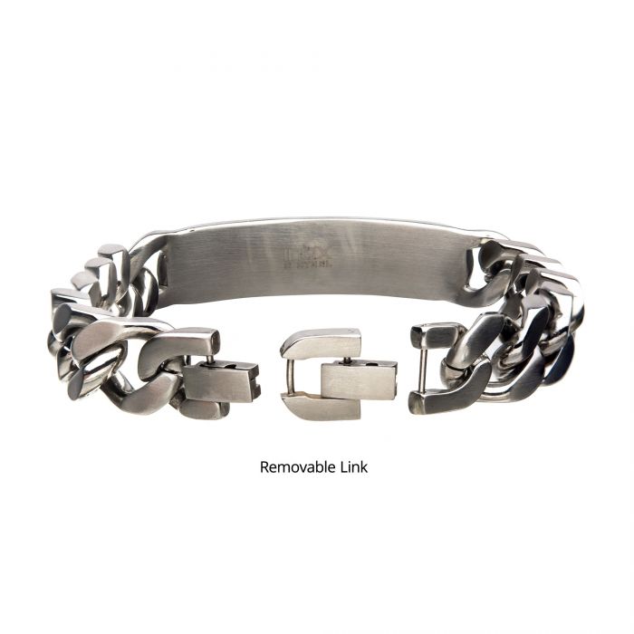 A Men's Stainless Steel with Gold IP Nymeria Lion ID Chain Bracelet by INOX featuring thick, interlocking ID curb chain links is shown. The clasp is open, revealing a removable link. The bracelet’s inner surface appears smooth, and it has a masculine, rugged design. The text "Removable Link" is displayed below the bracelet.